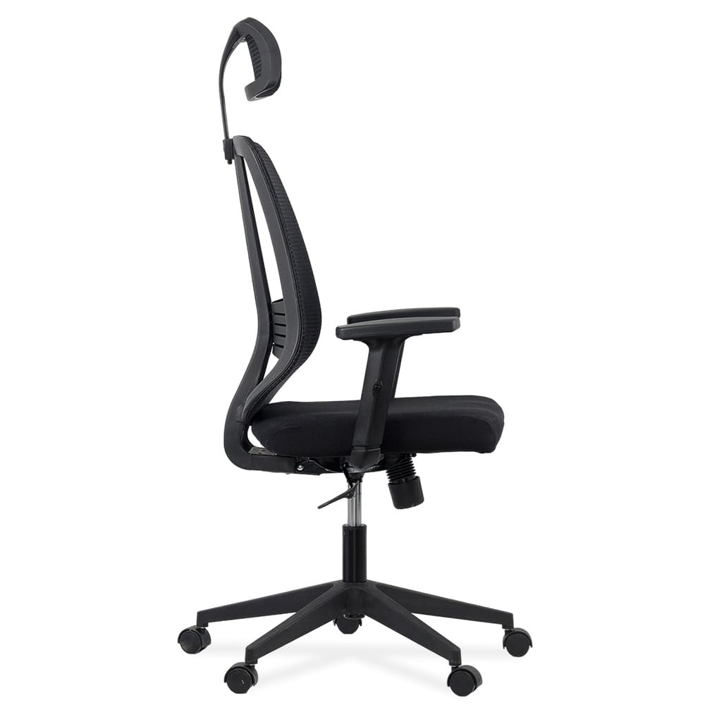 نمای بغلی صندلی ارگونومیک کامپیوتر رنگ مشکی با پشتی مش